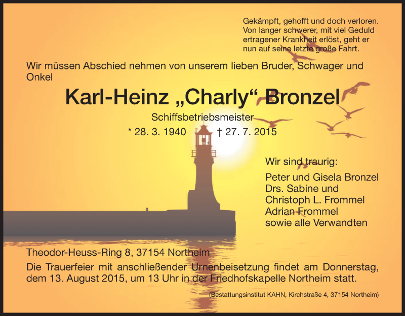  Traueranzeige für Karl-Heinz Bronzel vom 04.08.2015 aus HNA
