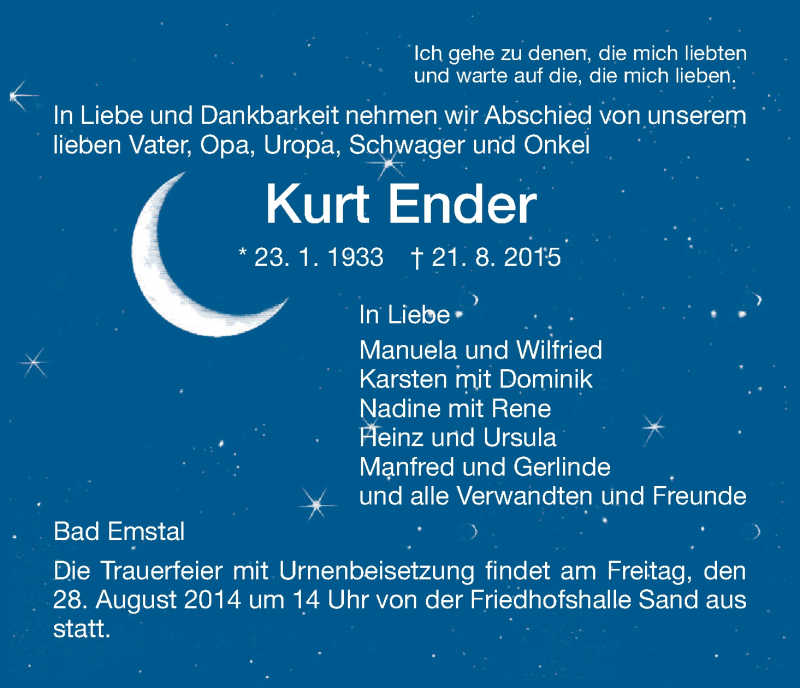  Traueranzeige für Kurt Ender vom 25.08.2015 aus HNA