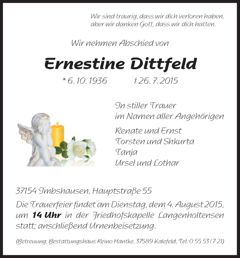  Traueranzeige für Ernestine Dittfeld vom 01.08.2015 aus HNA