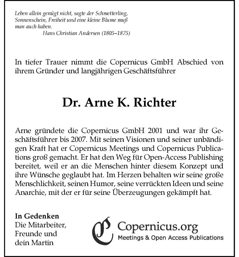  Traueranzeige für Arne Richter vom 05.08.2015 aus HNA