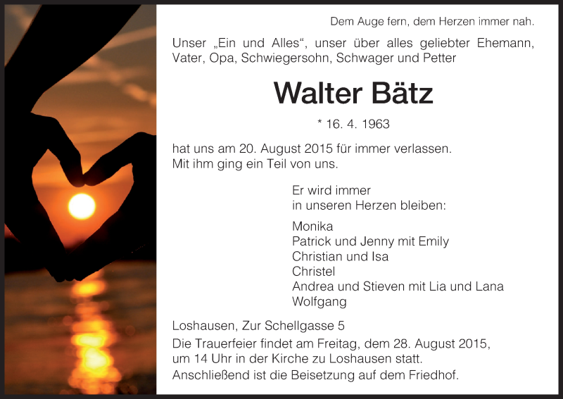  Traueranzeige für Walter Bätz vom 25.08.2015 aus HNA