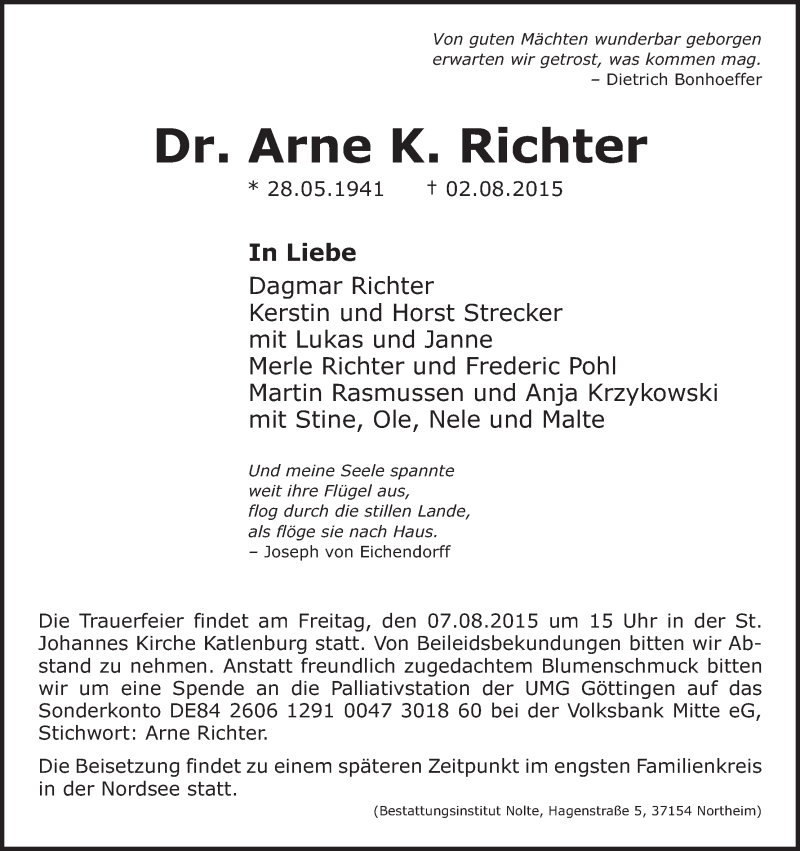  Traueranzeige für Arne Richter vom 05.08.2015 aus HNA