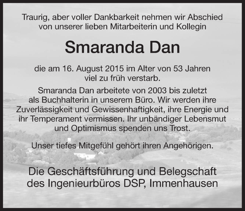  Traueranzeige für Smaranda Dan vom 21.08.2015 aus HNA