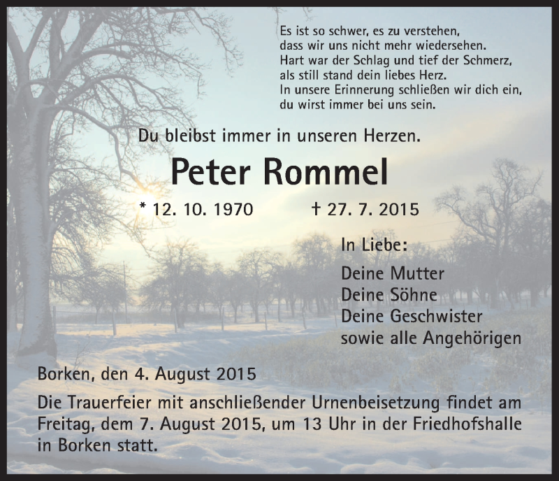  Traueranzeige für Peter Rommel vom 04.08.2015 aus HNA