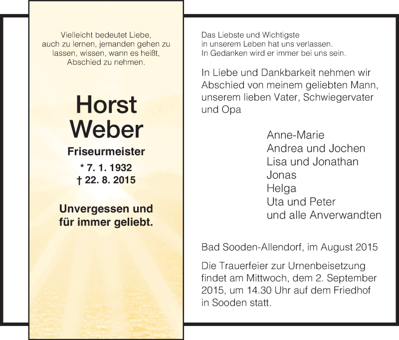  Traueranzeige für Horst Weber vom 29.08.2015 aus HNA