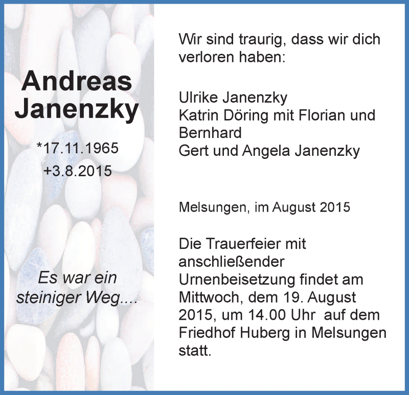  Traueranzeige für Andreas Janenzky vom 12.08.2015 aus HNA