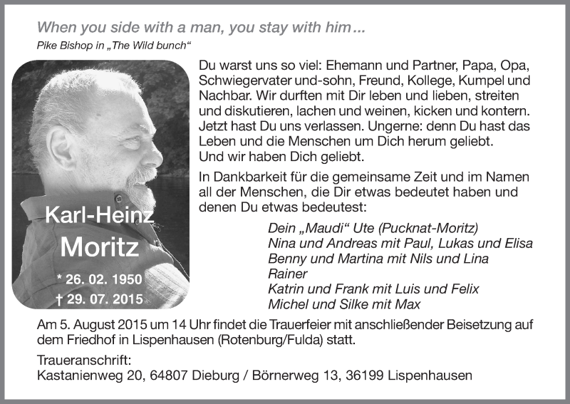  Traueranzeige für Karl-Heinz Moritz vom 01.08.2015 aus HNA