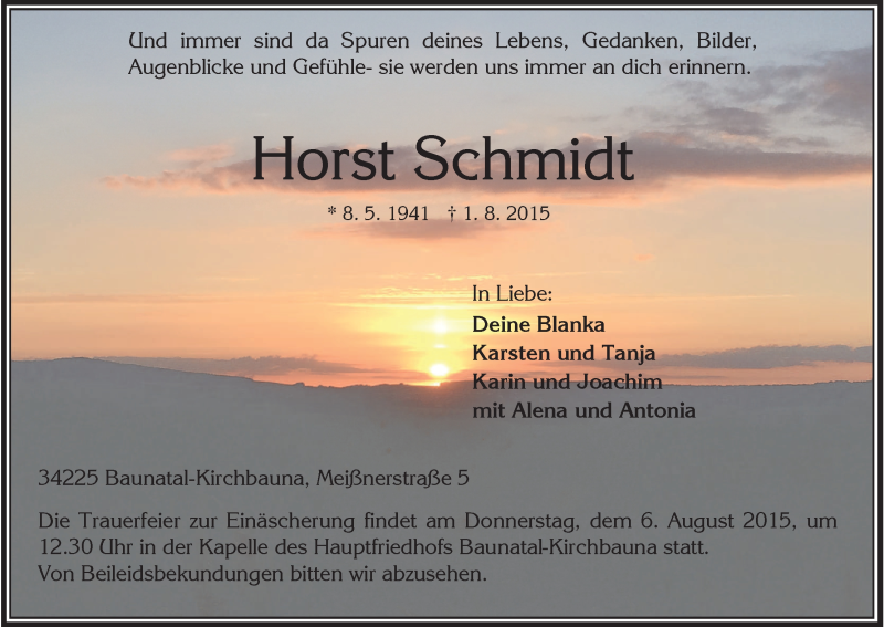  Traueranzeige für Horst Schmidt vom 04.08.2015 aus HNA