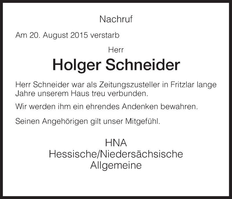  Traueranzeige für Holger Schneider vom 25.08.2015 aus HNA