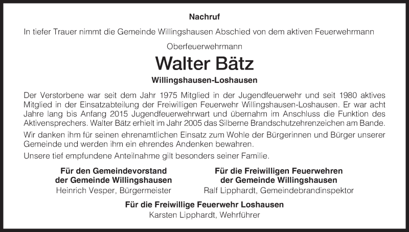  Traueranzeige für Walter Bätz vom 28.08.2015 aus HNA