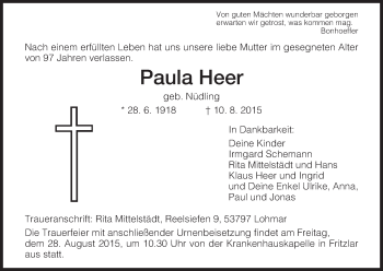Traueranzeige von Paula Heer von HNA
