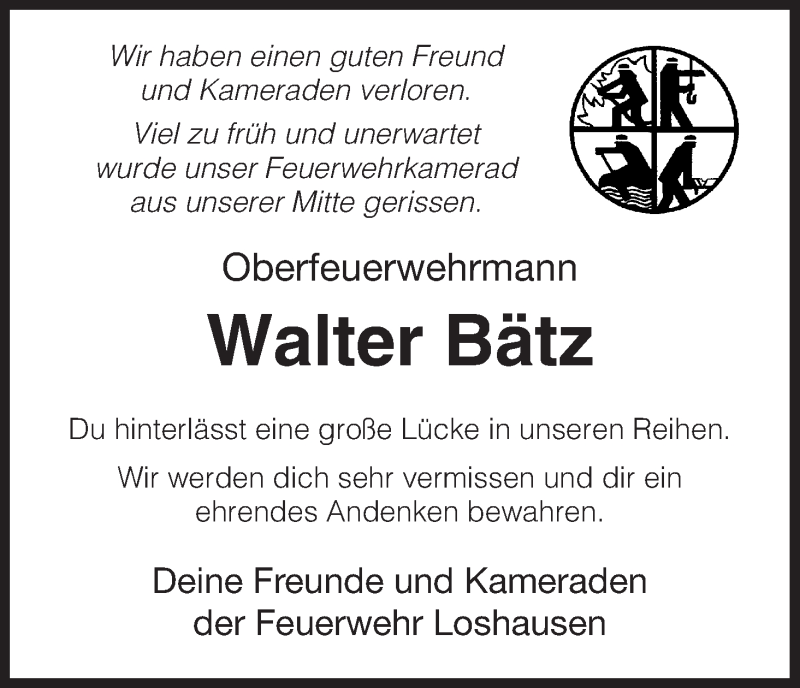 Traueranzeige für Walter Bätz vom 26.08.2015 aus HNA