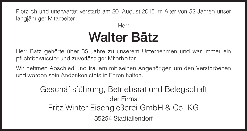  Traueranzeige für Walter Bätz vom 27.08.2015 aus HNA