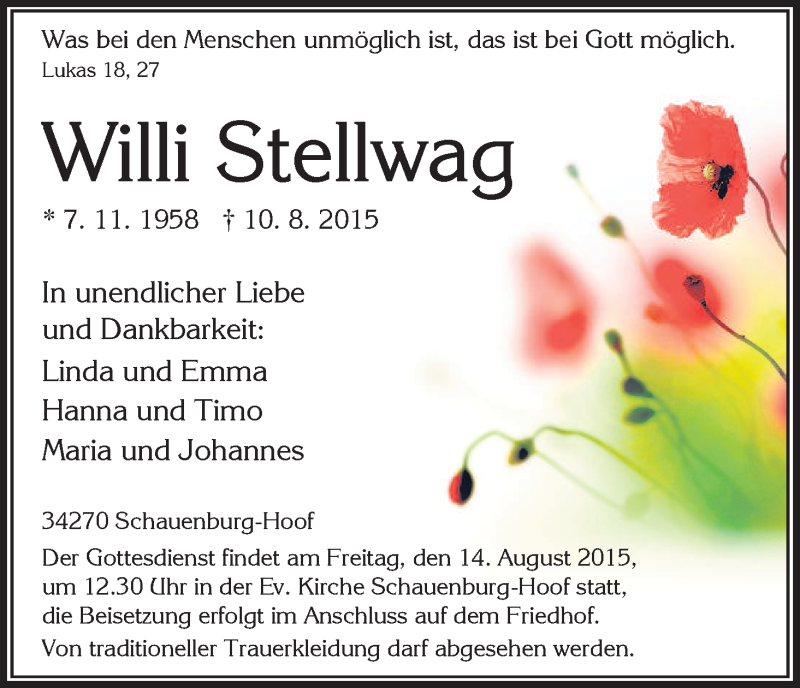  Traueranzeige für Willi Stellwag vom 13.08.2015 aus HNA