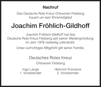 Traueranzeige von Joachim Fröhlich-Gildhoff von HNA