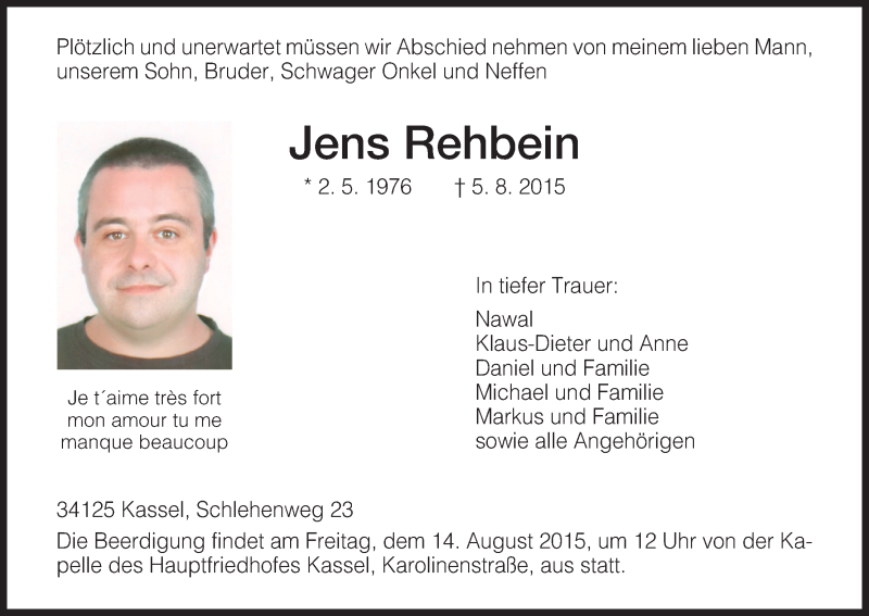  Traueranzeige für Jens Rehbein vom 12.08.2015 aus HNA