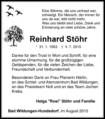 Traueranzeige von Reinhard Stöhr von HNA
