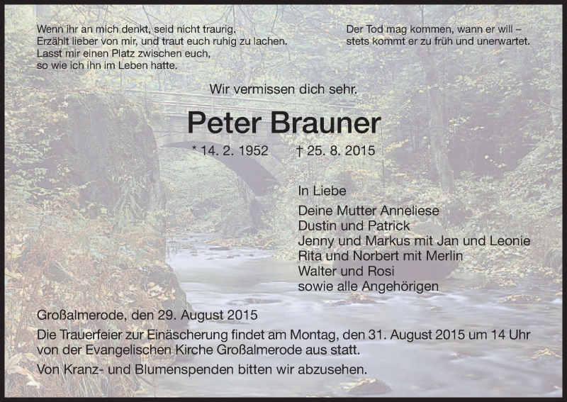  Traueranzeige für Peter Brauner vom 29.08.2015 aus HNA