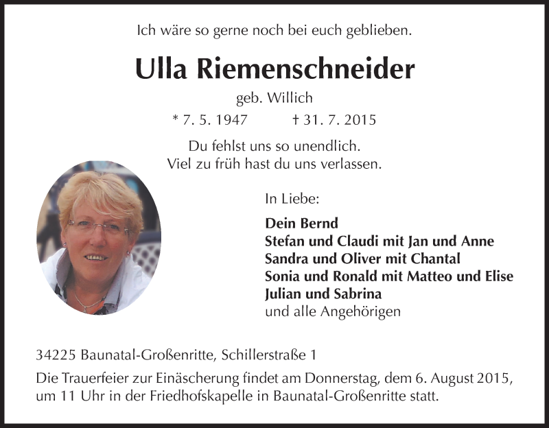  Traueranzeige für Ulla Riemenschneider vom 04.08.2015 aus HNA