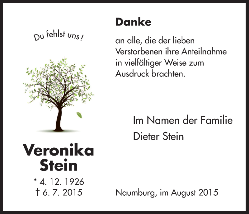  Traueranzeige für Veronika Stein vom 22.08.2015 aus HNA
