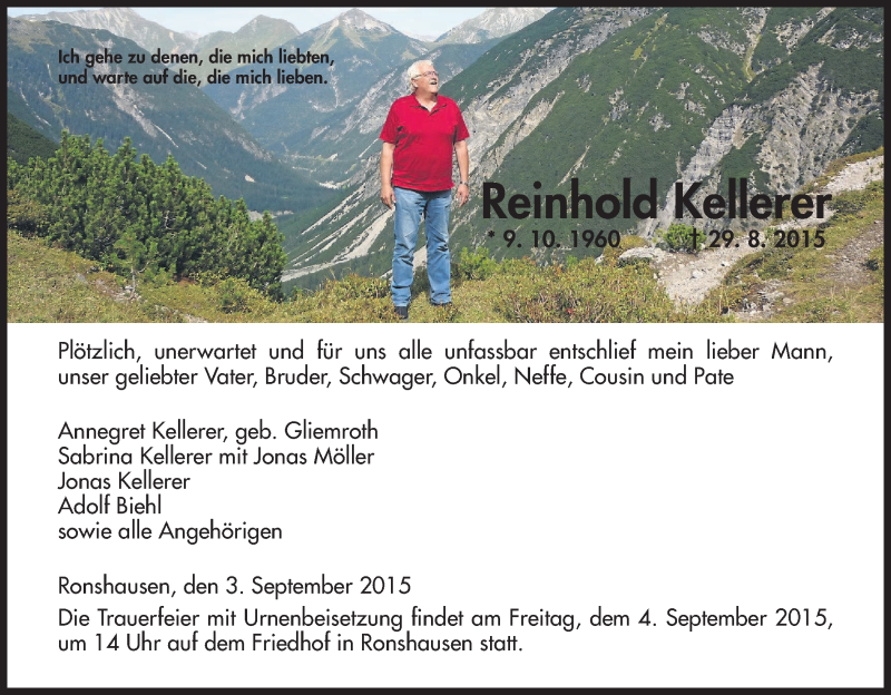  Traueranzeige für Reinhold Kellerer vom 03.09.2015 aus HNA