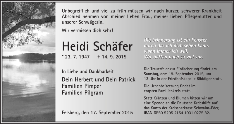  Traueranzeige für Heidi Schäfer vom 17.09.2015 aus HNA