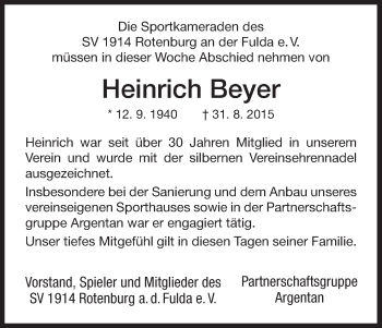 Traueranzeige von Heinrich Beyer von HNA