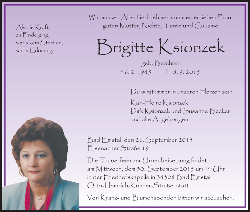  Traueranzeige für Brigitte Ksionzek vom 26.09.2015 aus HNA