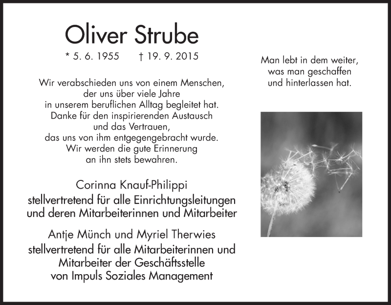  Traueranzeige für Oliver Strube vom 26.09.2015 aus HNA