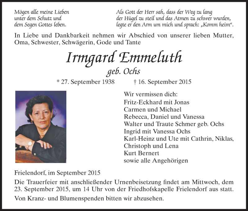  Traueranzeige für Irmgard Emmeluth vom 19.09.2015 aus HNA