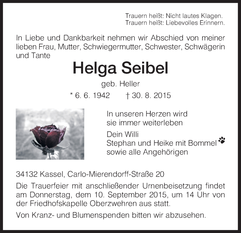  Traueranzeige für Helga Seibel vom 05.09.2015 aus HNA