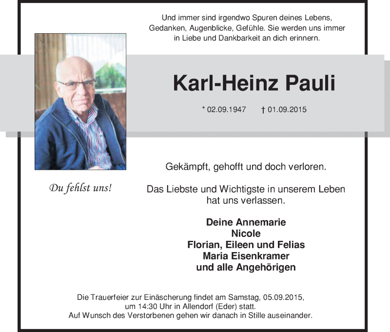  Traueranzeige für Karl-Heinz Pauli vom 03.09.2015 aus HNA