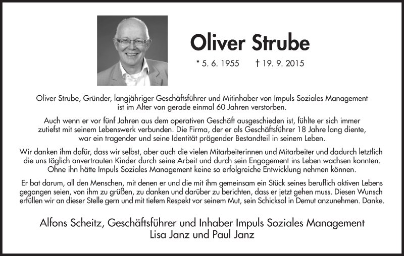  Traueranzeige für Oliver Strube vom 26.09.2015 aus HNA