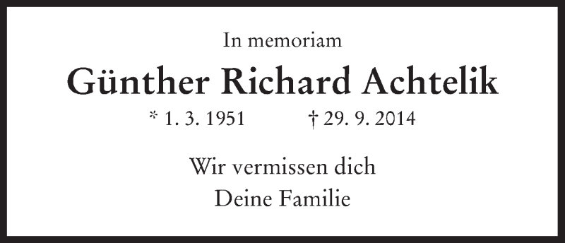  Traueranzeige für Günther Richard Achtelik vom 29.09.2015 aus HNA