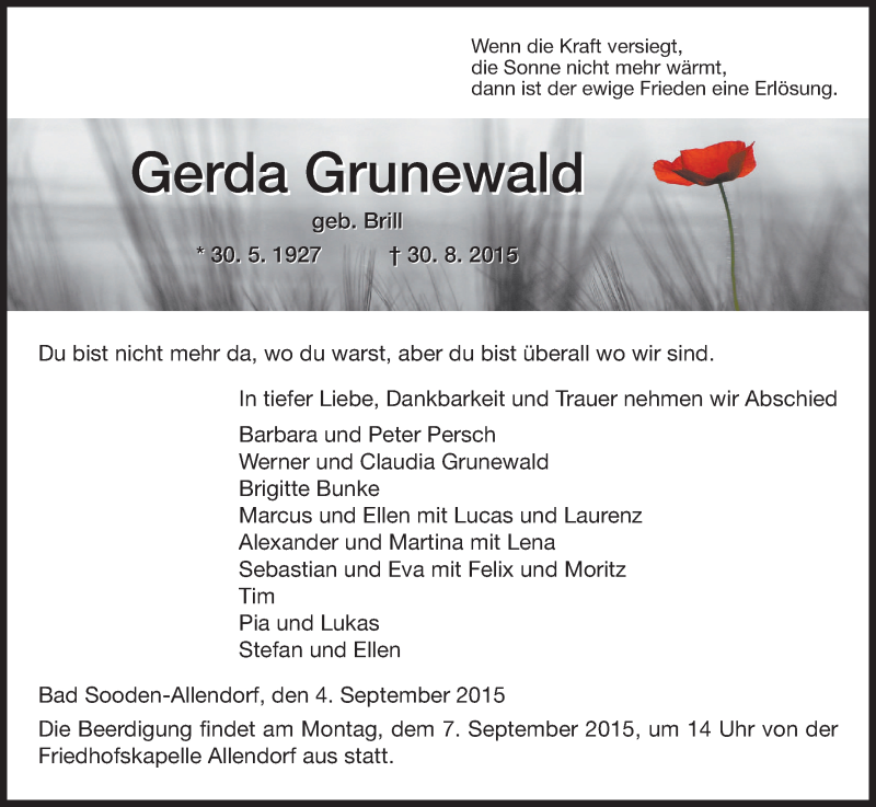  Traueranzeige für Gerda Grunewald vom 04.09.2015 aus HNA