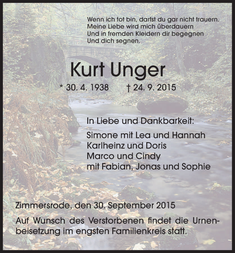 Traueranzeige für Kurt Unger vom 30.09.2015 aus HNA