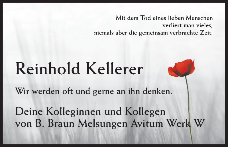  Traueranzeige für Reinhold Kellerer vom 04.09.2015 aus HNA