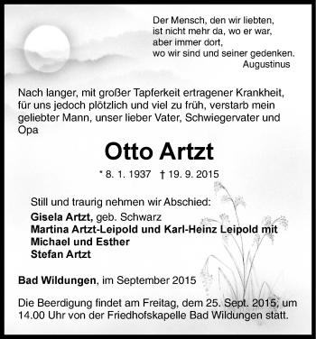 Traueranzeige von Otto Artzt von HNA