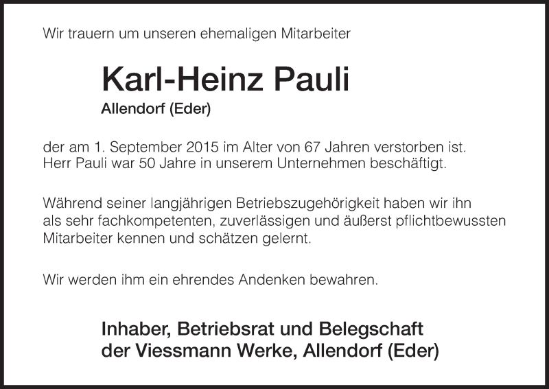  Traueranzeige für Karl-Heinz Pauli vom 04.09.2015 aus HNA