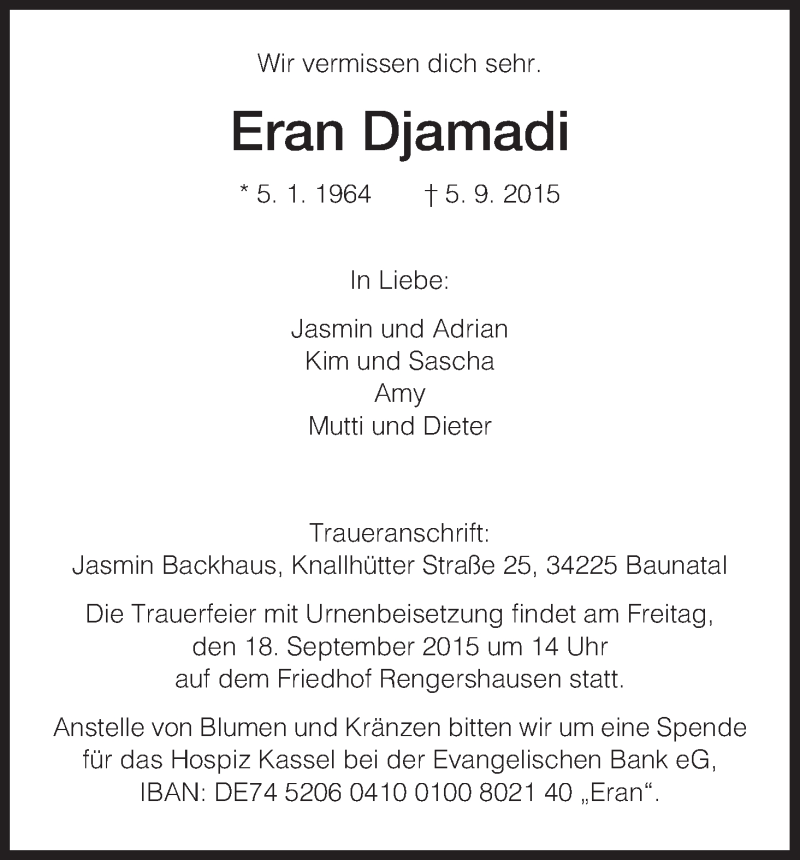  Traueranzeige für Eran Djamadi vom 12.09.2015 aus HNA