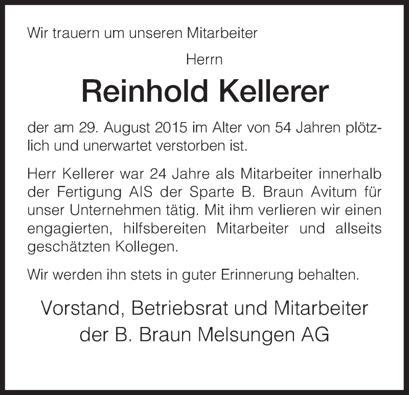  Traueranzeige für Reinhold Kellerer vom 04.09.2015 aus HNA