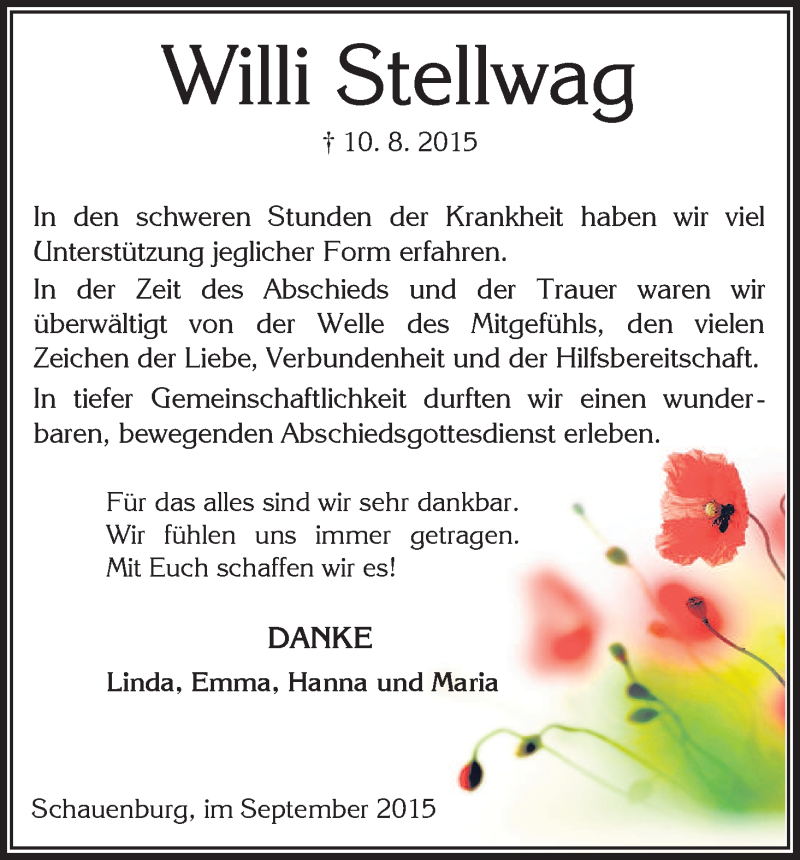  Traueranzeige für Willi Stellwag vom 18.09.2015 aus HNA