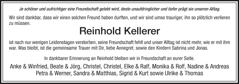  Traueranzeige für Reinhold Kellerer vom 03.09.2015 aus HNA
