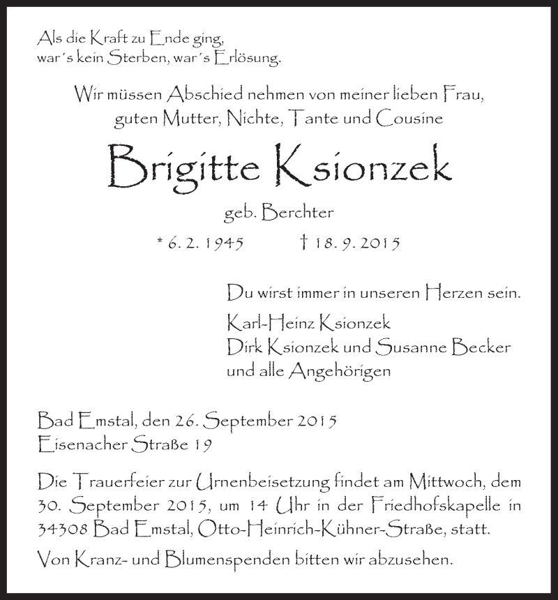  Traueranzeige für Brigitte Ksionzek vom 26.09.2015 aus HNA