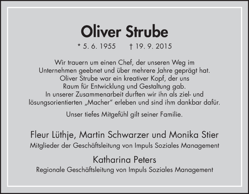  Traueranzeige für Oliver Strube vom 26.09.2015 aus HNA