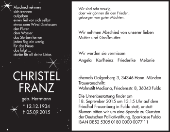 Traueranzeige von Christel Franz von HNA