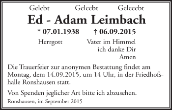 Traueranzeige von Kurt Wolf von HNA