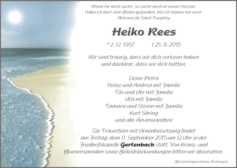  Traueranzeige für Heiko Rees vom 08.09.2015 aus HNA