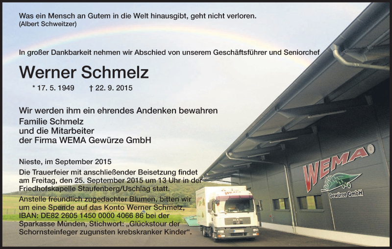  Traueranzeige für Werner Schmelz vom 24.09.2015 aus HNA