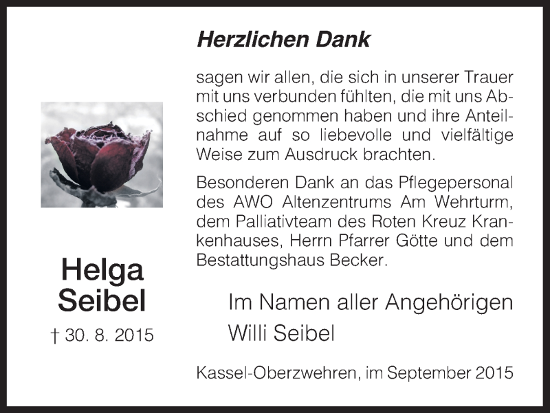  Traueranzeige für Helga Seibel vom 19.09.2015 aus HNA